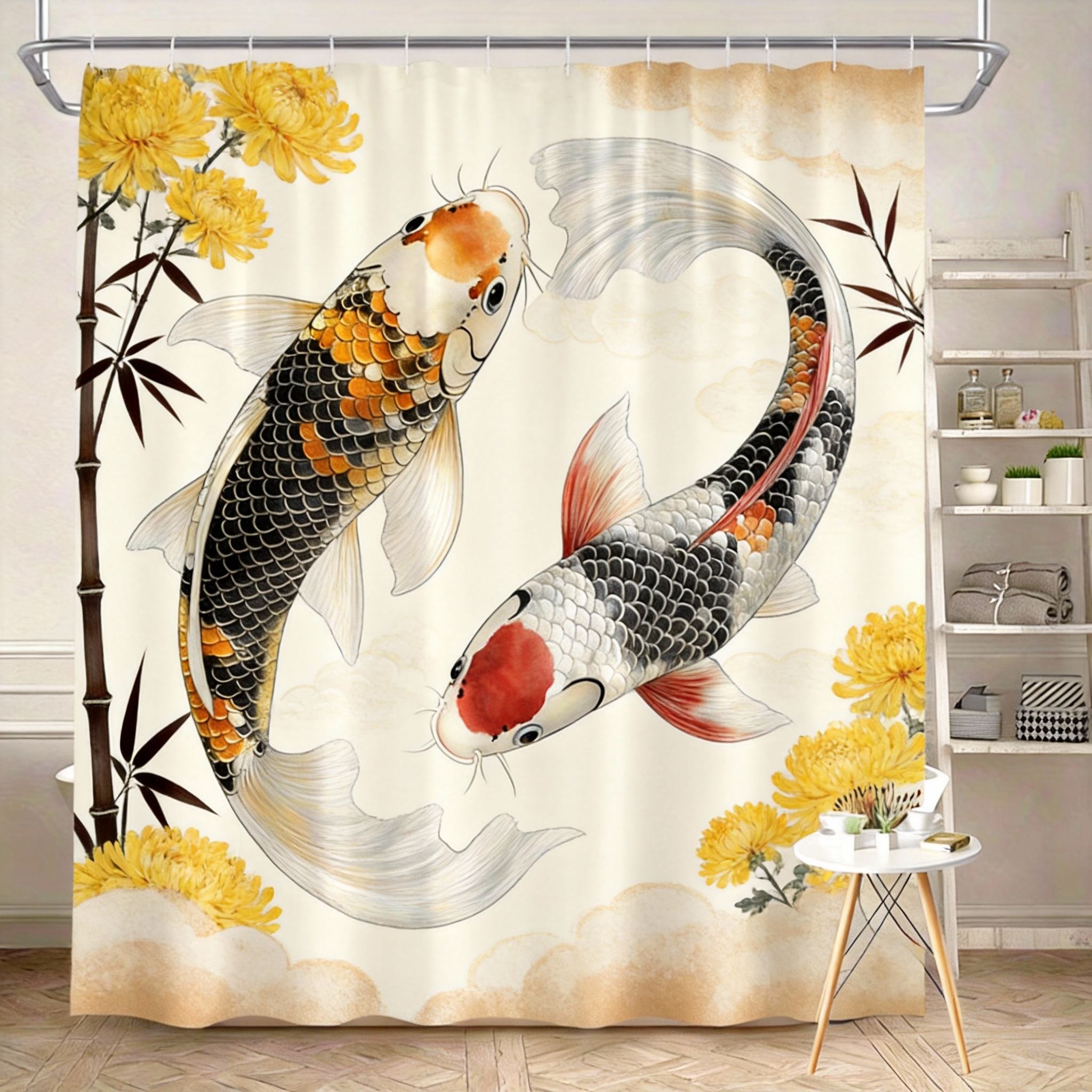 

Koi Fish Shower Curtain 180x180cm – Japanese Ink Style with Black White Orange Koi, Misty Blue Floral Background, 12 Hooks 90X180cm(35x70in)