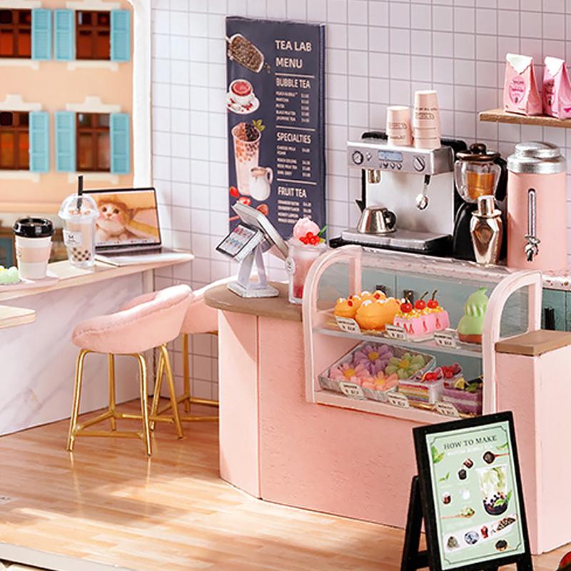 Ceai cu lapte Casă de păpuși mini Kit DIY Pentru a face Jucării pentru cameră Puzzle 3D făcut manual Jucării asamblate Cadouri de ziua de naștere Artizanat din lemn Casă de păpuși