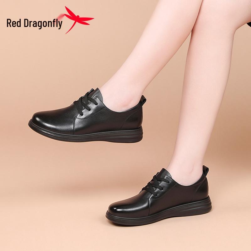 Red Dragonfly Women's Genuine Leather Flat Shoes - Soft Sole, Plus Size, Perfect for Spring & Autumn Commute