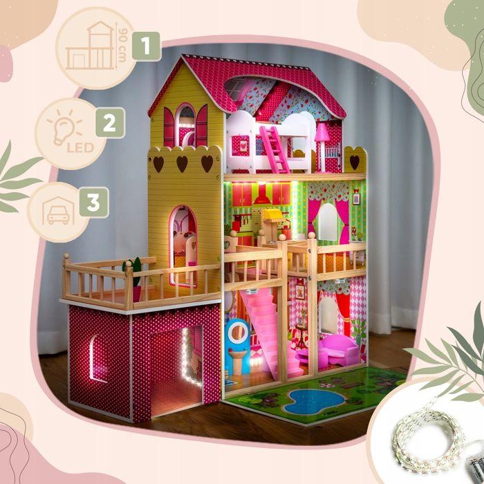 Large Wooden LED Dollhouse with Garage, Garden and 17 Furniture 90 Cm – Kinderplay (GS0020)