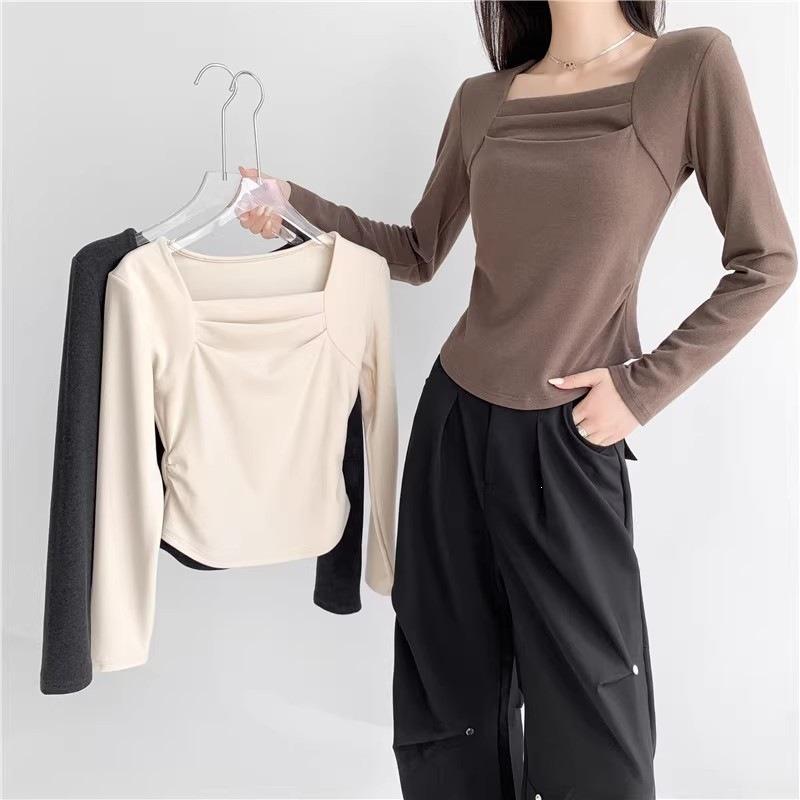 Women S Long Sleeve Square Neck Slim Fit Pure Style Basic Top