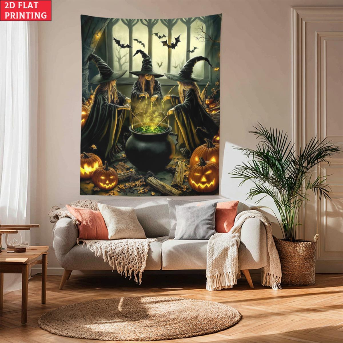 Halloween Witch Cauldron Pumpkin Bats Wall Tapestry Spooky Party Decor 2D Flat Printing 70x100cm28x39in