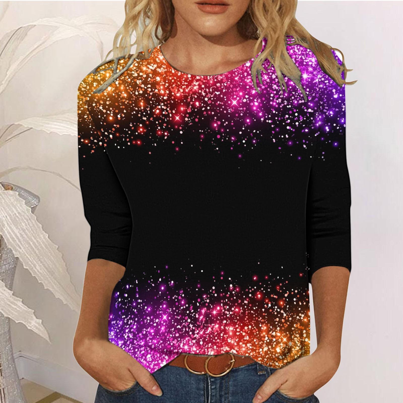 

Футболки Mardi Gras для женщин, праздничная футболка с принтом блесток, рукав 3/4, с круглым вырезом, карнавальная уличная одежда, топы, одежда 6XL
