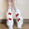 Bowknot Plush Leg Warmers - Autumn/winter Faux Fur White Mid-calf Socks