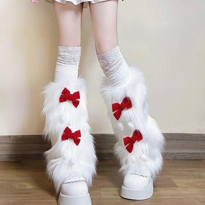 Bowknot Plush Leg Warmers - Autumn/winter Faux Fur White Mid-calf Socks