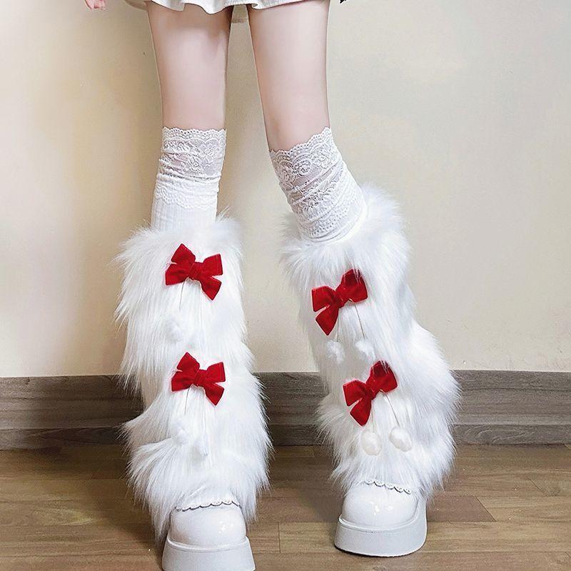 Bowknot Plush Leg Warmers - Autumn/winter Faux Fur White Mid-calf Socks