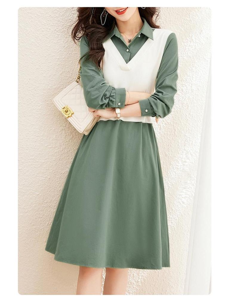 Spring 2024 Trendy Women's A-Line Dress: Long-Sleeved, Waist-Slimming with Large Swing Skirt