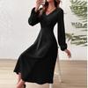 Spring and Summer Fashion V-Neck Lantern Long Sleeved Dress with Twisted Edges, Elegant Mid Length Dress