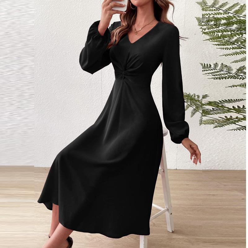 Spring and Summer Fashion V-Neck Lantern Long Sleeved Dress with Twisted Edges, Elegant Mid Length Dress