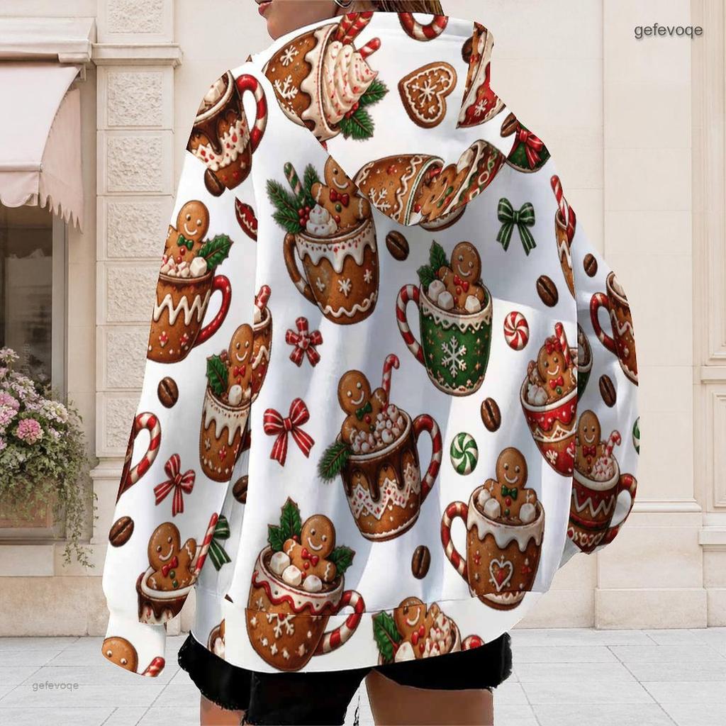 Women Plus Size White Zip Up Long Sleeve Christmas Dachshund Printed Hoodie With Pockets