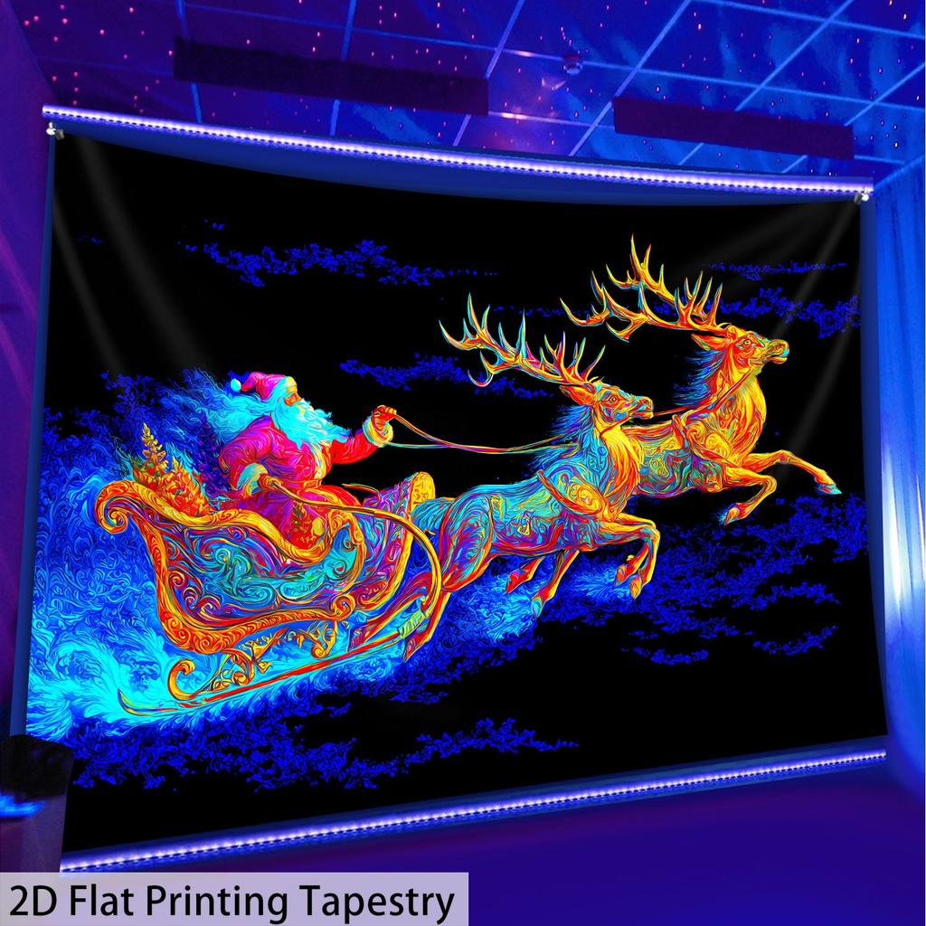 Christmas Santa Claus Fluorescent Tapestry Outer Space Polyster UV BlackLight Tapestry, Wall Hanging For Living Room Bedroom Office Home Decor