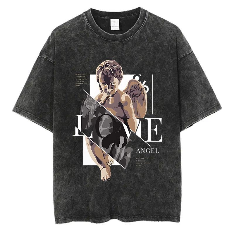 Men Fashion Washed T Shirt Streetwear Graphic Print Harajuku Hip Hop T-Shirt Summer Black Short Sleeve Cotton Loose Tops Tees
