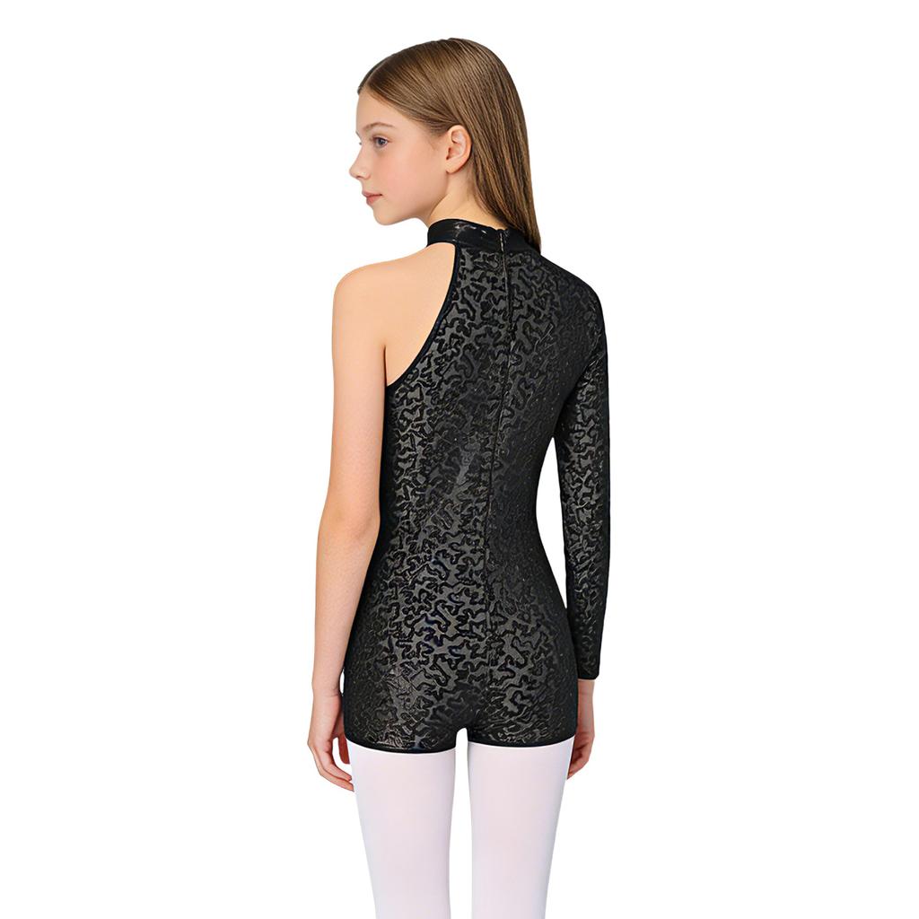 Girls Round Collar Long Sleeve Leotard Shiny Sequins Texture Decorated Invisible Zipper Back Jazz Dancewear