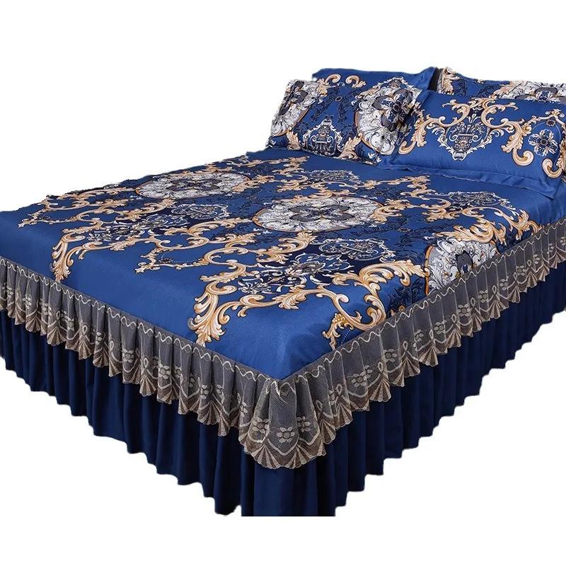 Korean Version Lace Solid Color Bed Skirt Three Piece Set, Skin Friendly Double-layer Bed Cover, Non Slip Bed Cover