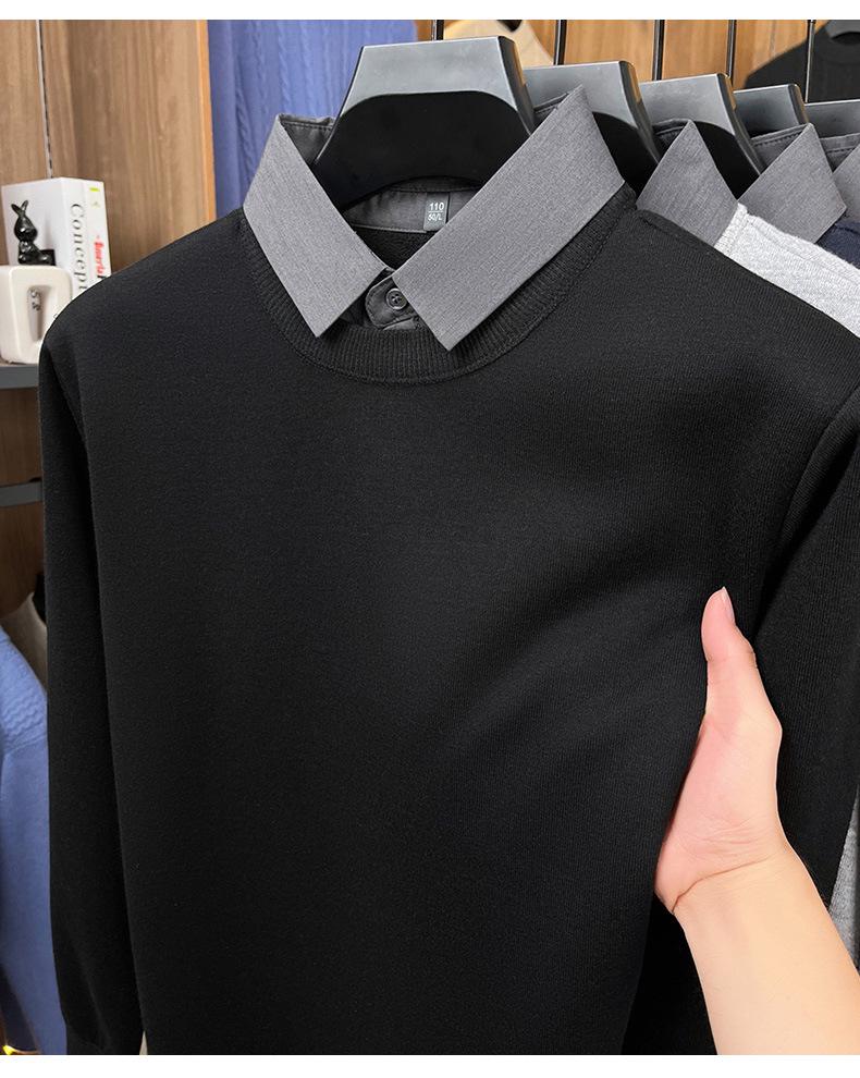 Men's Two-in-One Fleece-Lined Knit Sweater with Shirt Collar for Autumn/Winter