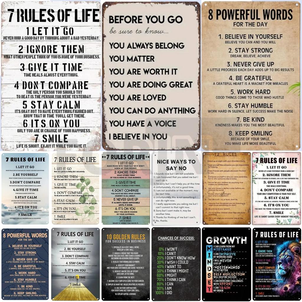 Placa de Metal com Frases Inspiradoras - 10 Regras de Ouro - 7 Regras da Vida - Notas de Sucesso - Pôster em Inglês para Decoração de Parede de Escritório de Empresa