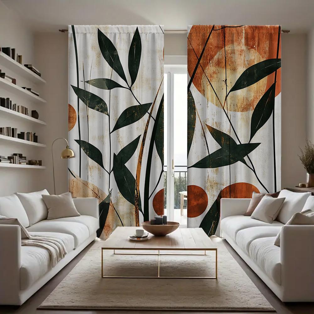2PC Home Nostalgic geometric leaves Curtains With Landscape Background And Pole Pocket Curtains, Kitchen, Coffee Shop