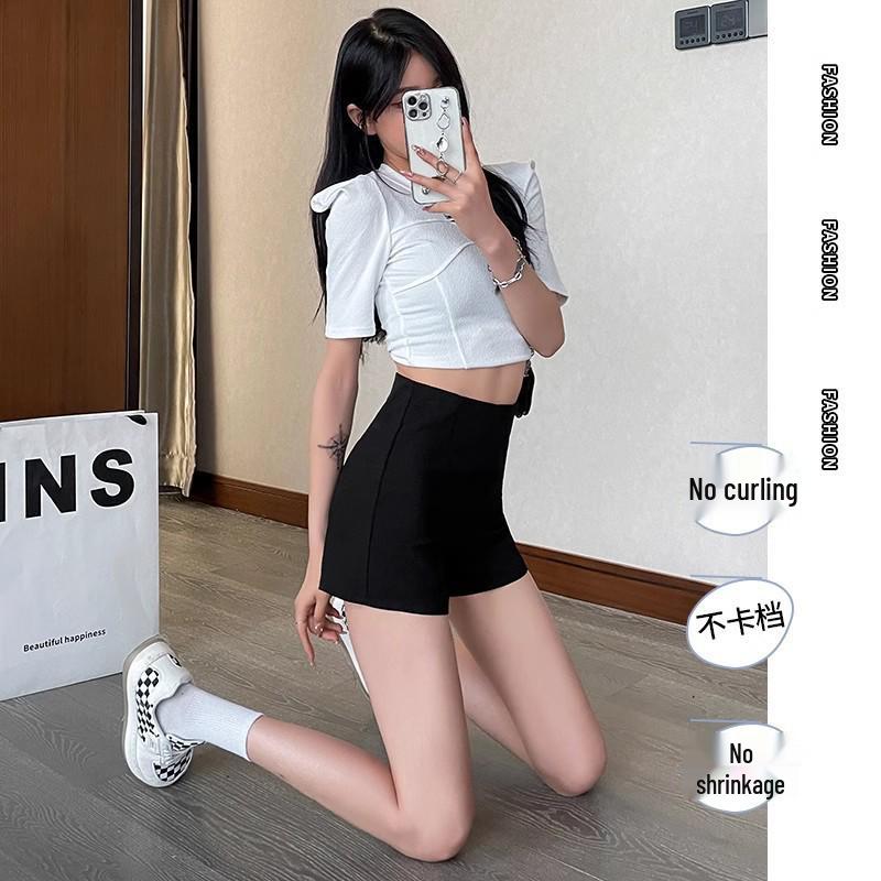Women's High-Waisted Sexy Black Shorts - Slimming Korean Style, Petite Fit, Polyester, Spring/Summer Collection.