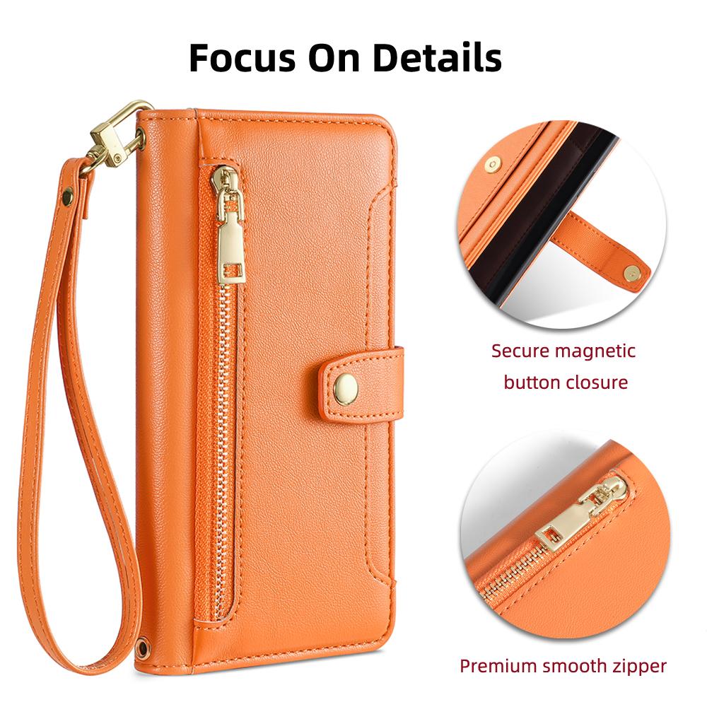 For Vivo X90 5G PU Leather Stand Case Zipper Pocket Card Slots Well-Protected Flip Phone Cover with Wrist Strap and Shoulder Strap