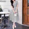 ZANZEA Women Casual V-Neck Loose Short Sleeve Stripe Dress