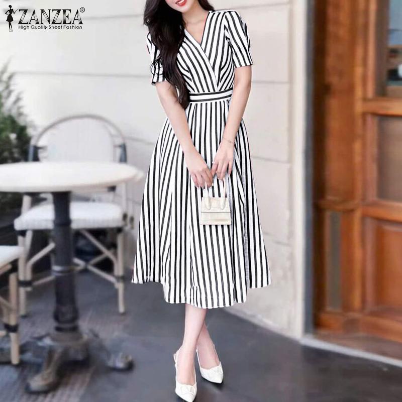 ZANZEA Women Casual V-Neck Loose Short Sleeve Stripe Dress