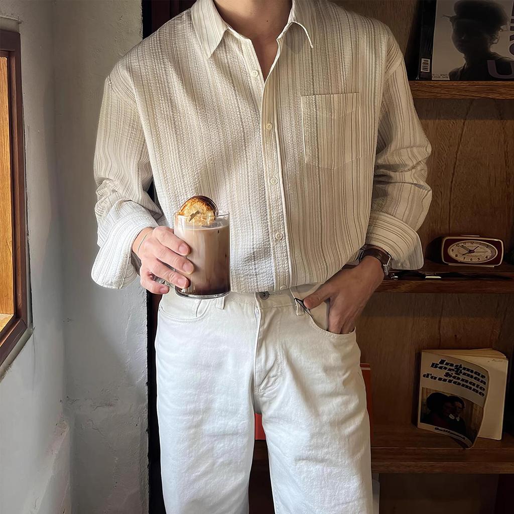 Men's Striped Long-Sleeve Casual Shirt - Early Autumn Korean Style, Non-Iron, High-Quality, Textured Design.