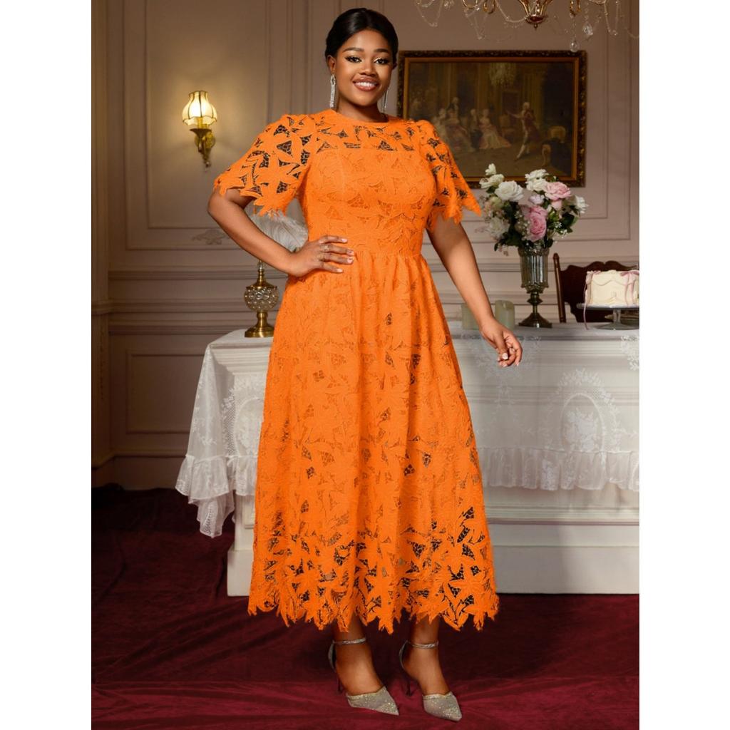 Plus Size Dames Elegante Kant Midi Jurk, Ronde Hals Uitgesneden Taille Ingesnoerd Feest Cocktail Avondjurk
