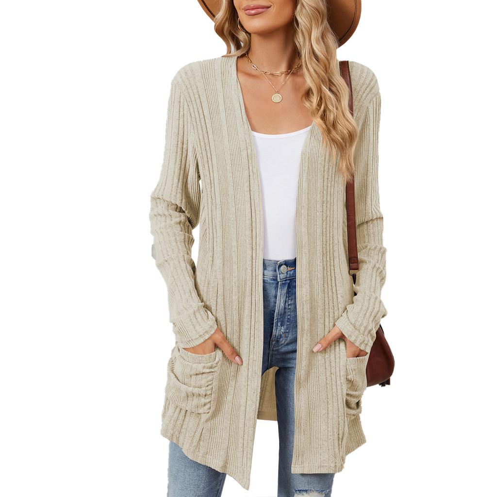 Women's Collarless Long Sleeve Cardigan Loose Fit Casual Style Solid Color Pocket Ribbed Knit Long Outerwear Coat For Autumn Daily Wear