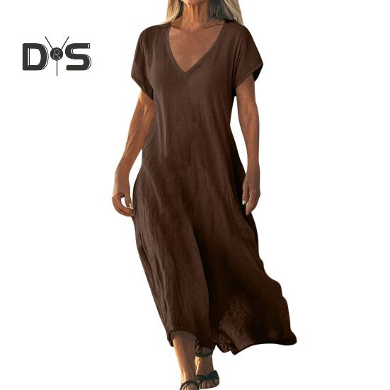 

Женское хлопковое льняное платье макси, повседневное, с коротким рукавом, V-образным вырезом, длинное платье, летний пляжный сарафан для отдыха XXL темно-коричневого