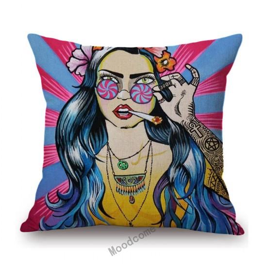 Cartoon Pop Art Hippie Modern Art Sun Girl Fashion Sofa Throw Pillow Case Cotton Linen Bench Cushion Cover Case