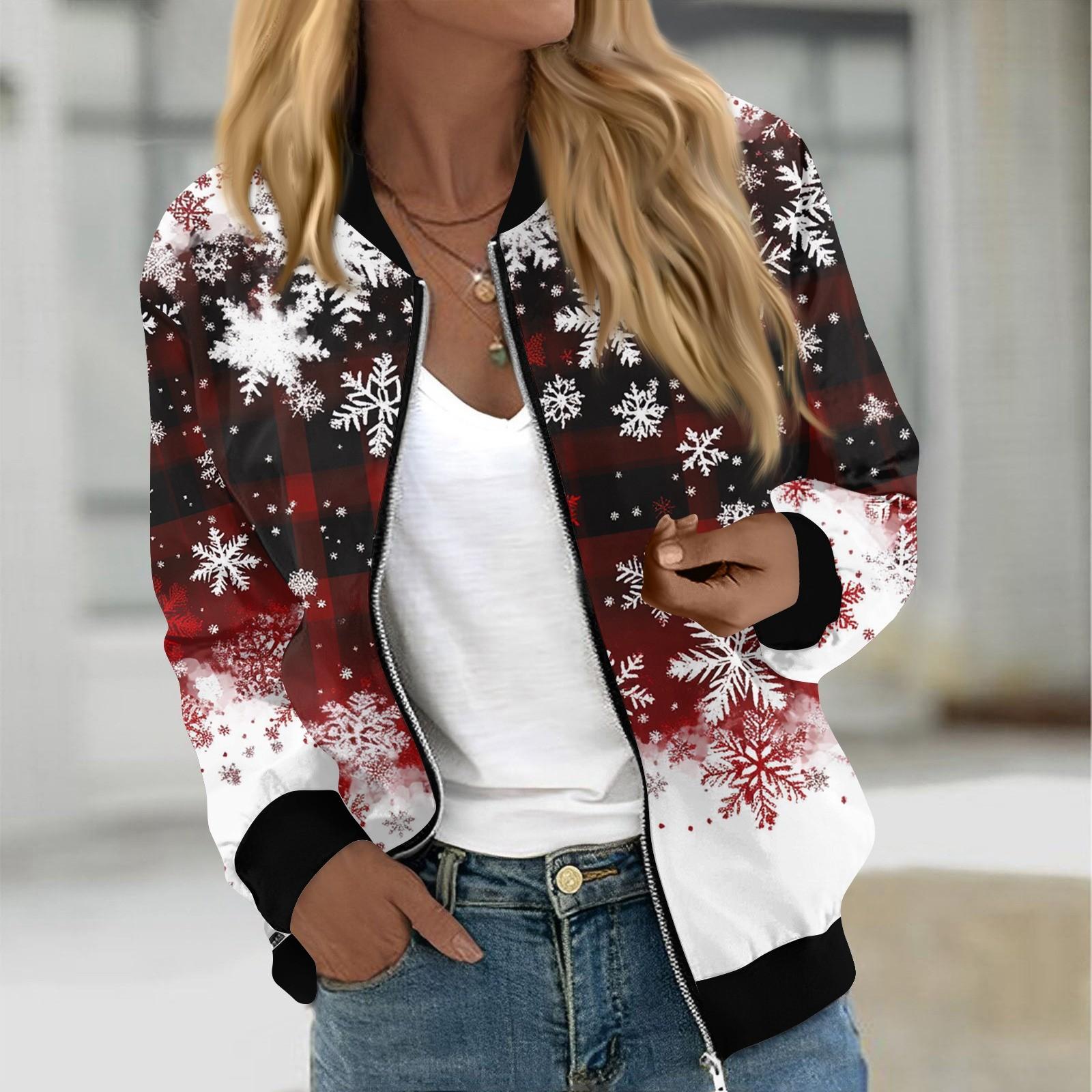 

Куртки женские с длинным рукавом, легкие, на молнии, укороченные, модные, с рождественским принтом, верхняя одежда, повседневные, стеганые куртки с карманами M