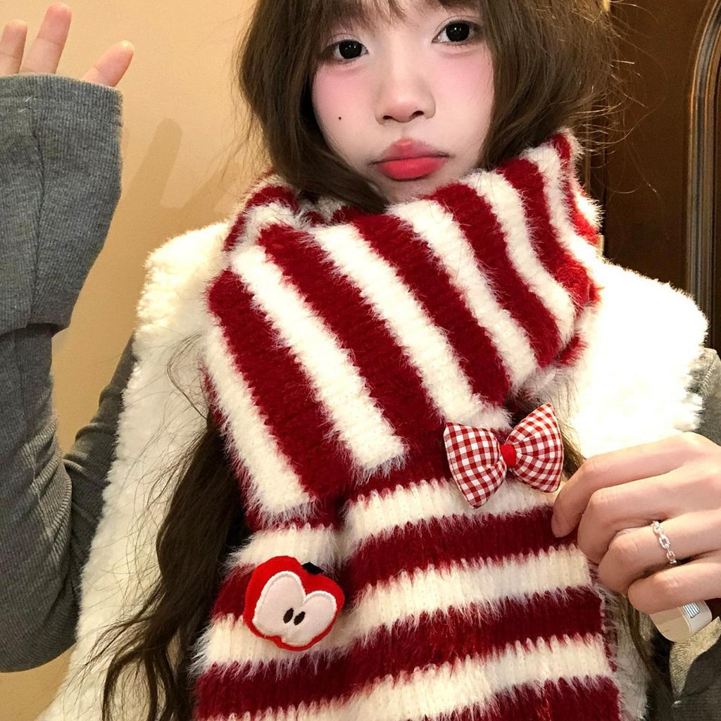 Imitation mink bow, apple striped plush knitted scarf, female Christmas atmosphere, thickened, cold-proof and warm female