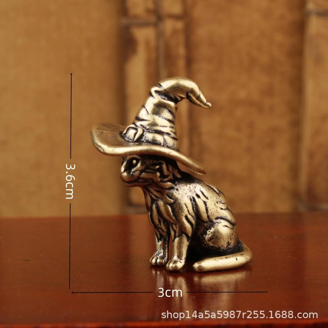 

Table Ornament Office Gift - Antique Copper Brass Cat Figurine - Cute Childish Sorcerer Kitten Statue