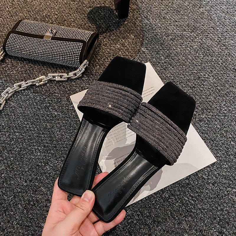 2025 summer new sandals thin heel rhinestone outer wear women sandals half drag poplar forest word with high heels women