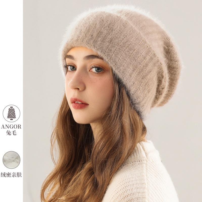 Gestrickte Mütze Damen Herbst und Winter Kaninchenfellmütze weiß warm verdickt großer Kopfumfang gesichtsschmeichelnd klein Plüsch Ohrenschutz Wollmütze