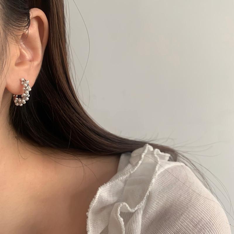 PONYKISS  Sterling Silver Needle Distort Pearl Round Hoop Earrings for Women Trendy Fashion  Minimalist Accessories