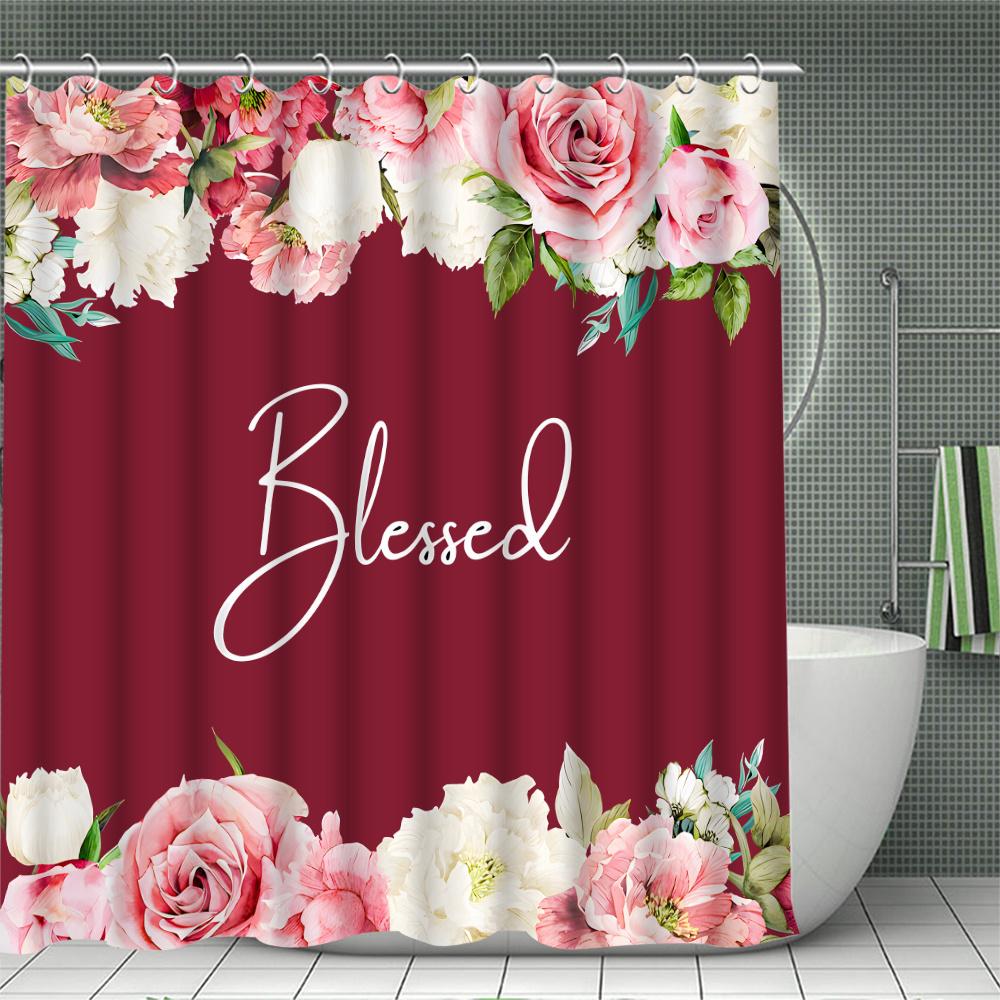 4-teiliges Badezimmer-Duschvorhang-Set Blumen Badezimmervorhang mit 12 Haken Rutschfeste Teppiche Toilettendeckelmatte Badezimmerabtrennung