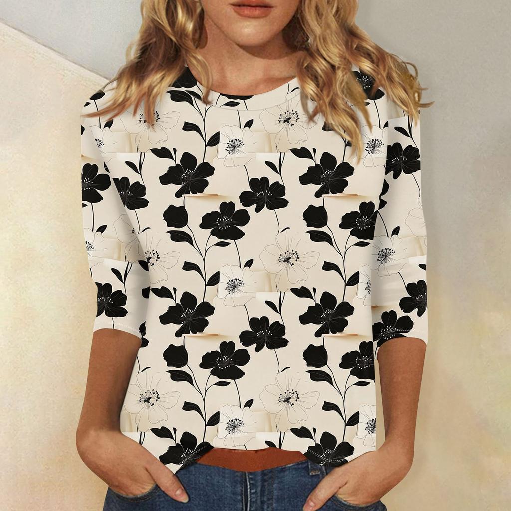 Women's Casual Loose Printed Round Neck Top With Three Quarter Sleeves T Shirt Top