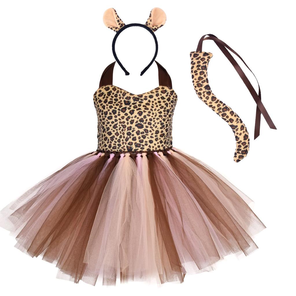 Baby Girls Halloween Animal Cosplay Costume Kids Forest Theme Giraffe Cows Tiger Leopard Zebra Print Tutu Dress Birthday Party
