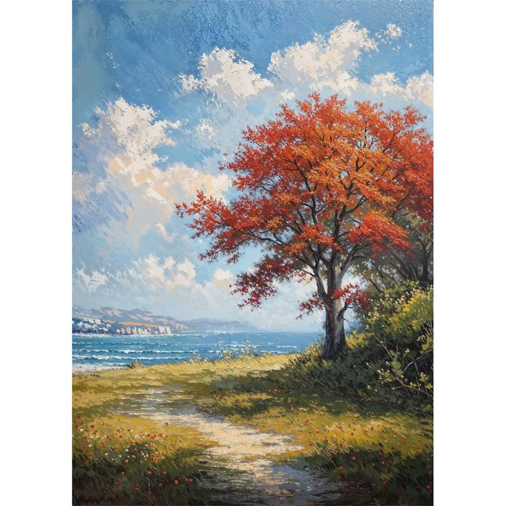 Cabana na Montanha Vista do Vale Caminho de Outono Prado de Verão Floresta de Árvores Nuvem Pôster Pintura em Tela Impressão para Sala de Estar Decoração de Casa