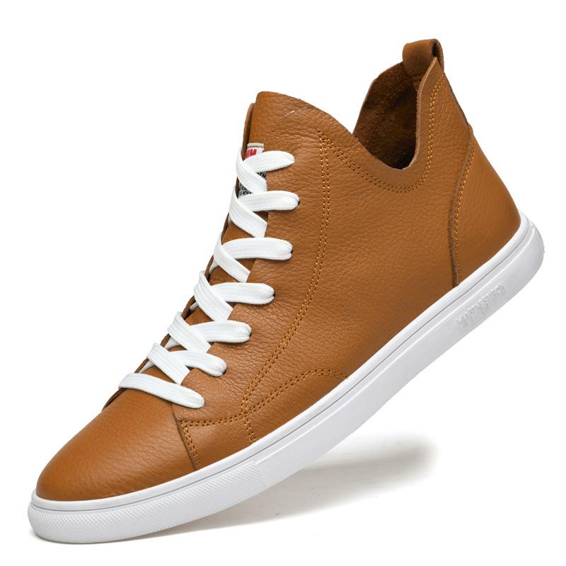 Men's Korean Style Velvet-Lined Mid-Top Leather Sneakers - Trendy Casual Cowhide Patchwork, Large Sizes Available.