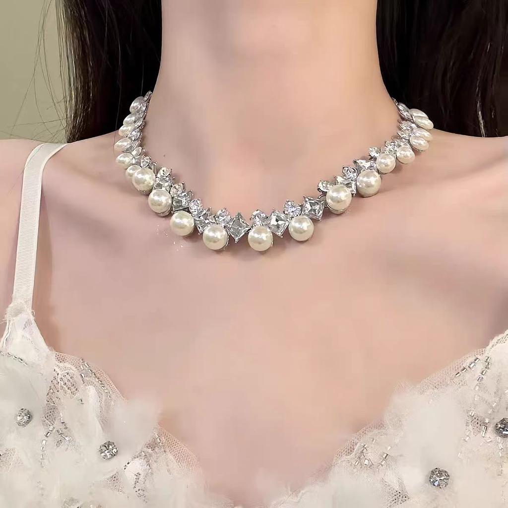 Hazy Moonlight~ Super Fairy Flash Diamond Pearl Necklace Earrings Set New Light Luxury Temperament Premium Necklace