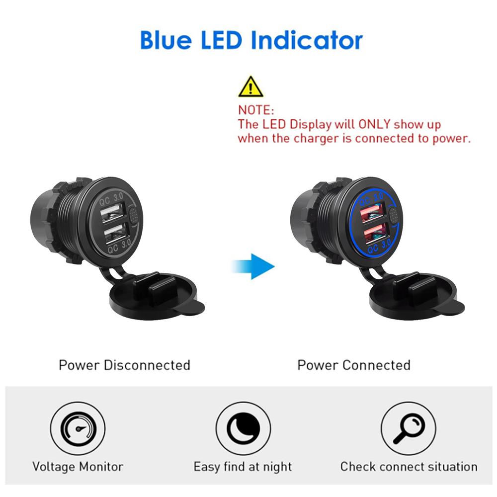 Cargador de coche con doble puerto USB QC3.0, toma de carga rápida con voltímetro e interruptor, 12 V/24 V, cargador de teléfono automático