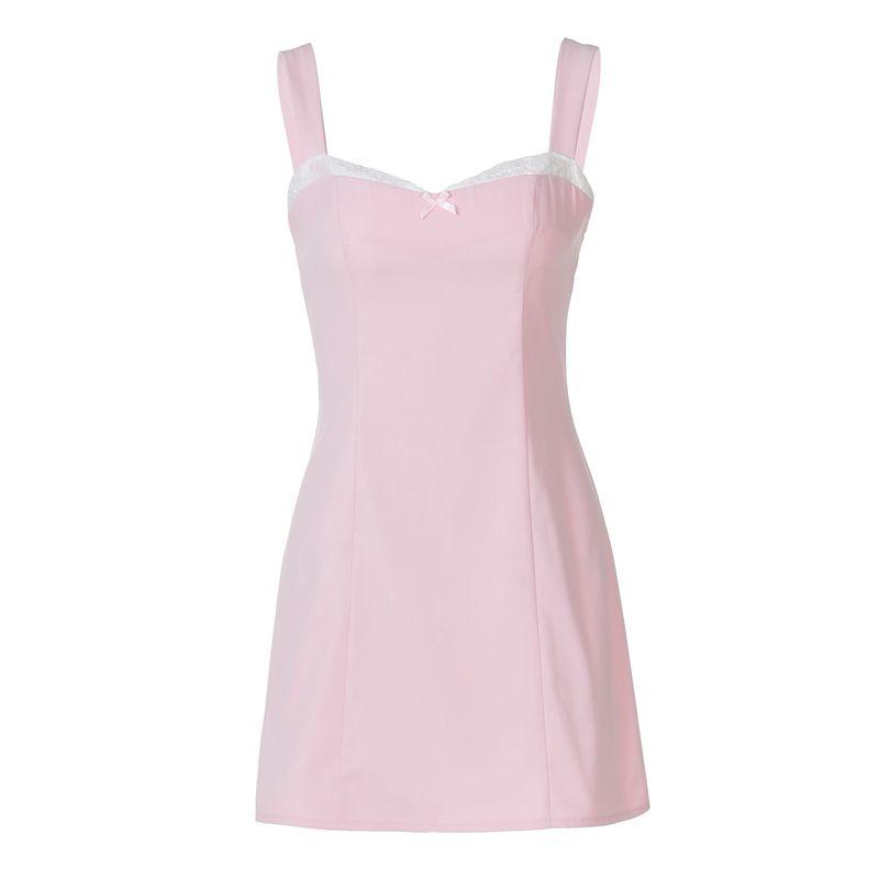 

Shemoda Pure Desire off-Neck Lace Patchwork Decorative Flower Sling Dress Female Sexy Zipper Open Back Short Skirt Pink M