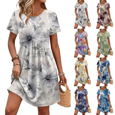 Women Short Sleeve Casual Dress Crew Neck Cloud Print Loose Fit Soft Fabric Summer Mini Dress for Daily Wear