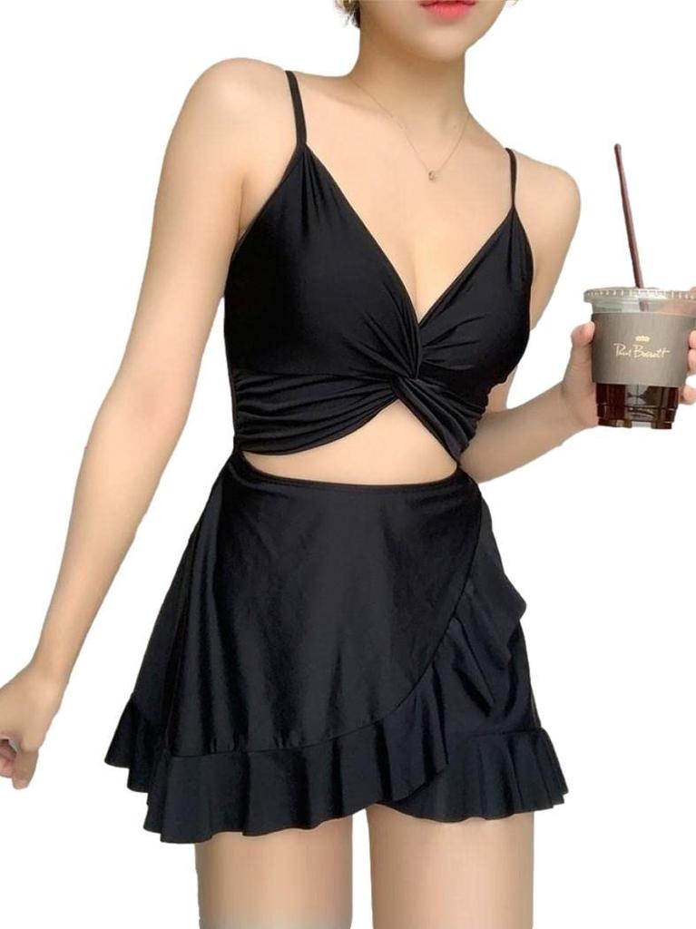 Monokini Swimsuit One Piece Flare Skirt Swimdress Camisole Straps Drawstring Padded No Wires DN6 Lelia [ISLAYCAOLILA] Women's (M, Black)