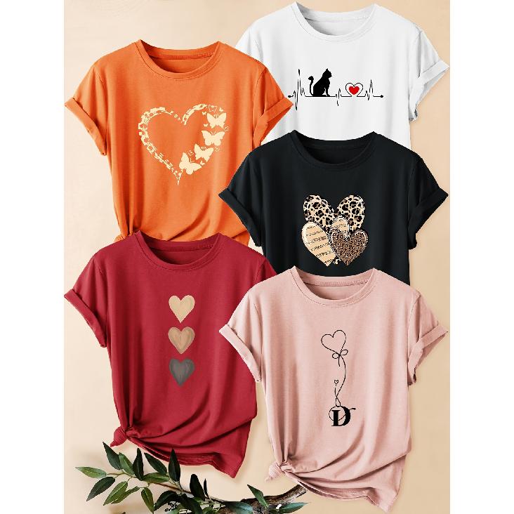 Five-piece set of women's animal heart print short-sleeve shirts Leopard print heart cat butterfly print round neck summer dress T Shirt Suitable for