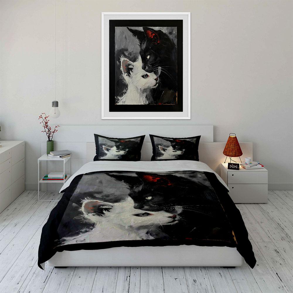 Abstract White And Black Cat Art Set Soft Comfortable Duvet Cover Bedding Set Included 1*Duvet Cover & 2*Pillowcases, Gift