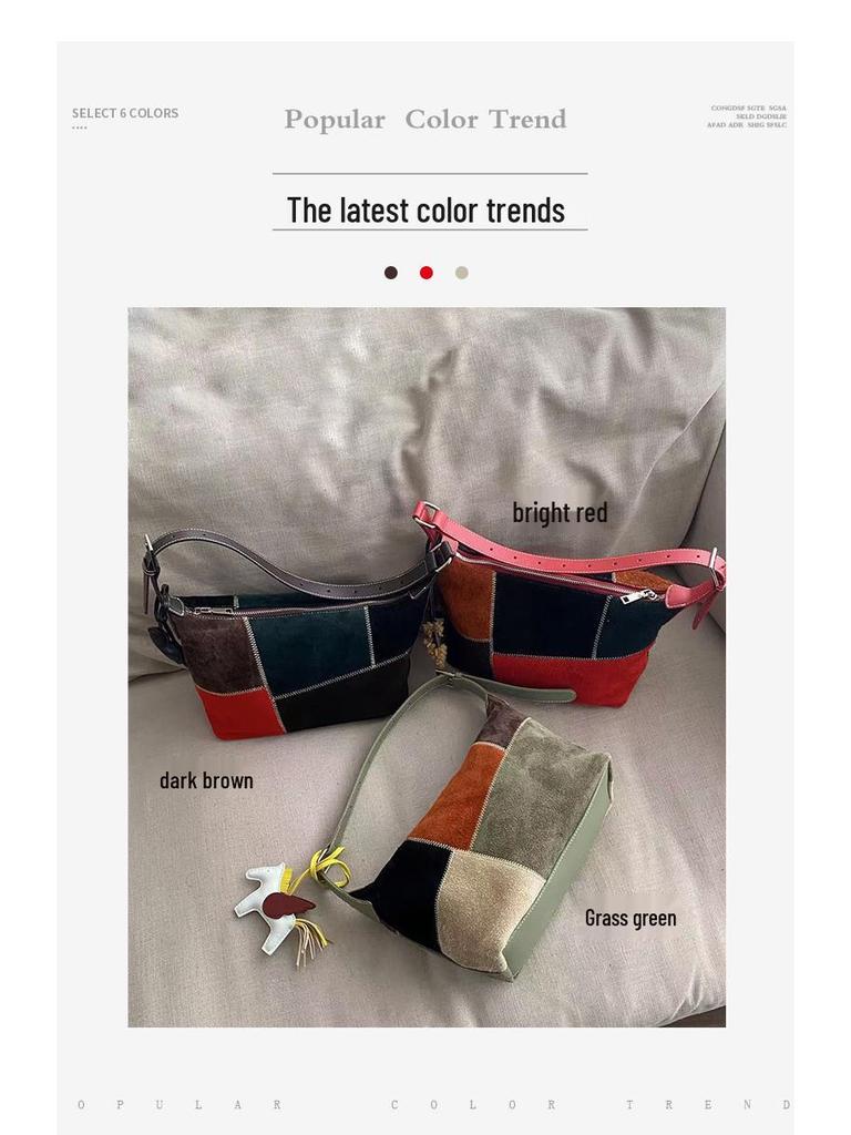 Vintage Frosted Cowhide Color Block Hobo Bag: Stylish High-End Handbag and Casual Crossbody Tote.