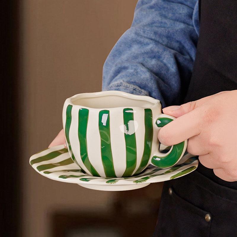 360 Ml Ceramic Coffee Mug with Saucers Handmade Stripes Mugs for Girl Women Tea Milk Cup with Handle Latte Cocoa Office Home